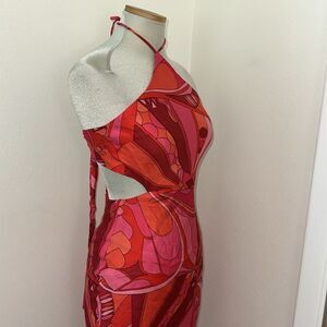 Yllw Yellow pink Pucci style midi halter dress small s print back zip tie back